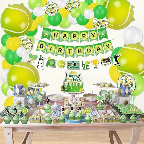 Miniatura 7 de Decoraciones de fiesta de tenis, incluye pancarta de tenis de feliz cumpleaños, globos de tenis, adornos para cupcakes para hombres, mujeres, niños,