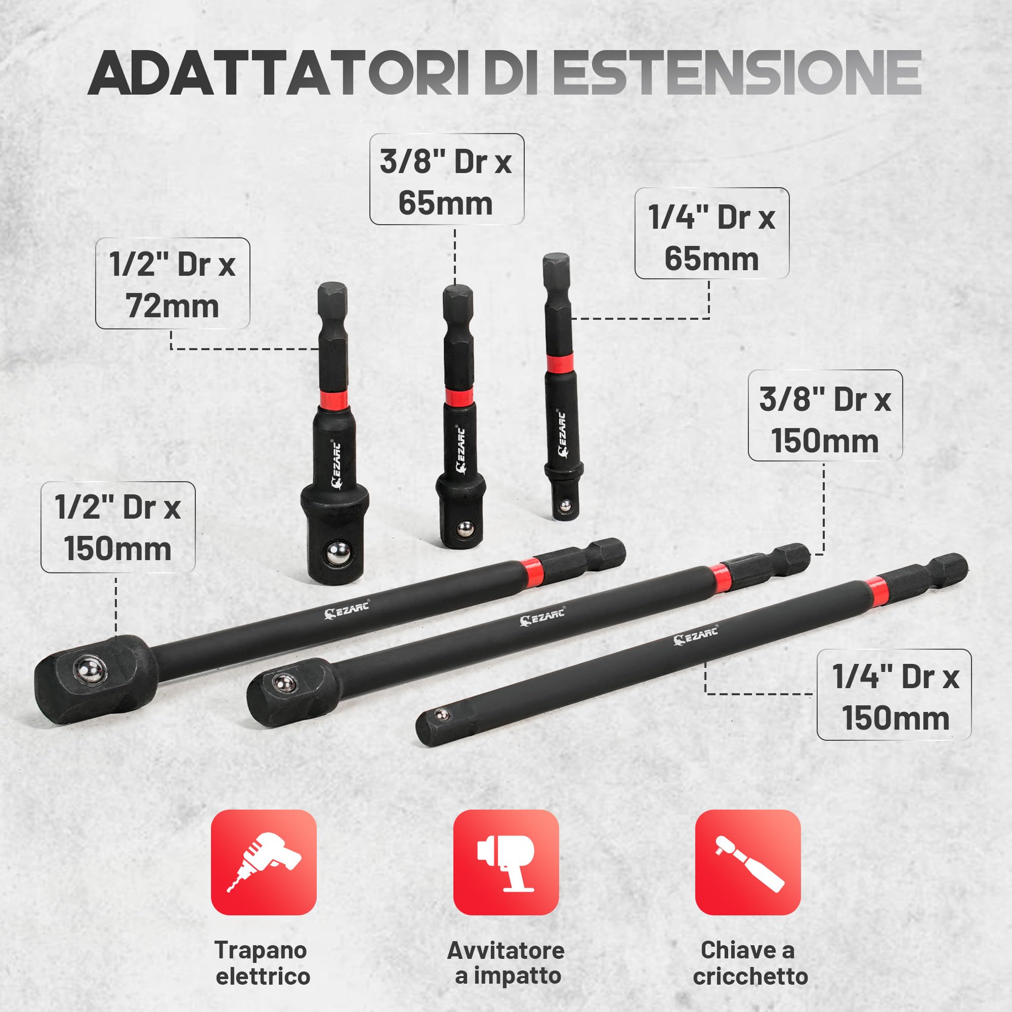 EZARC Set di adattatori per bussole a percussione, 1/4", 3/8", 1/2", adattatore a sgancio rapido e estensione magnetica per punte da trapano, girevoli e ad angolo retto, per trapano elettrico e