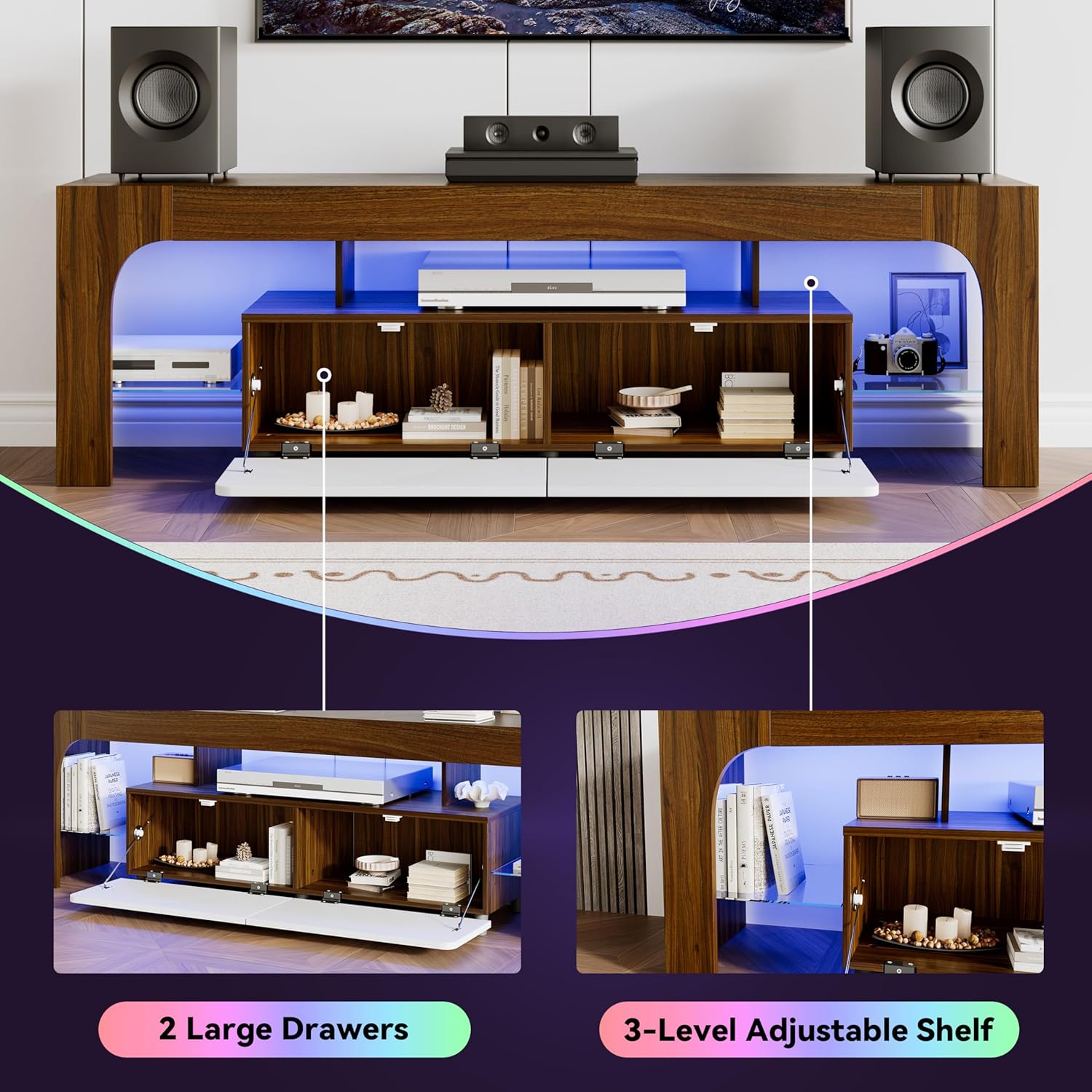 Garvee Modern Lighting TV Stand with Large Storage Drawer for 50 55 60 65 70 75 Inch TVs, TV Console Table with Control Color LED Lights, Entertainment Center Media for Living Room, Bedroom, Walnut