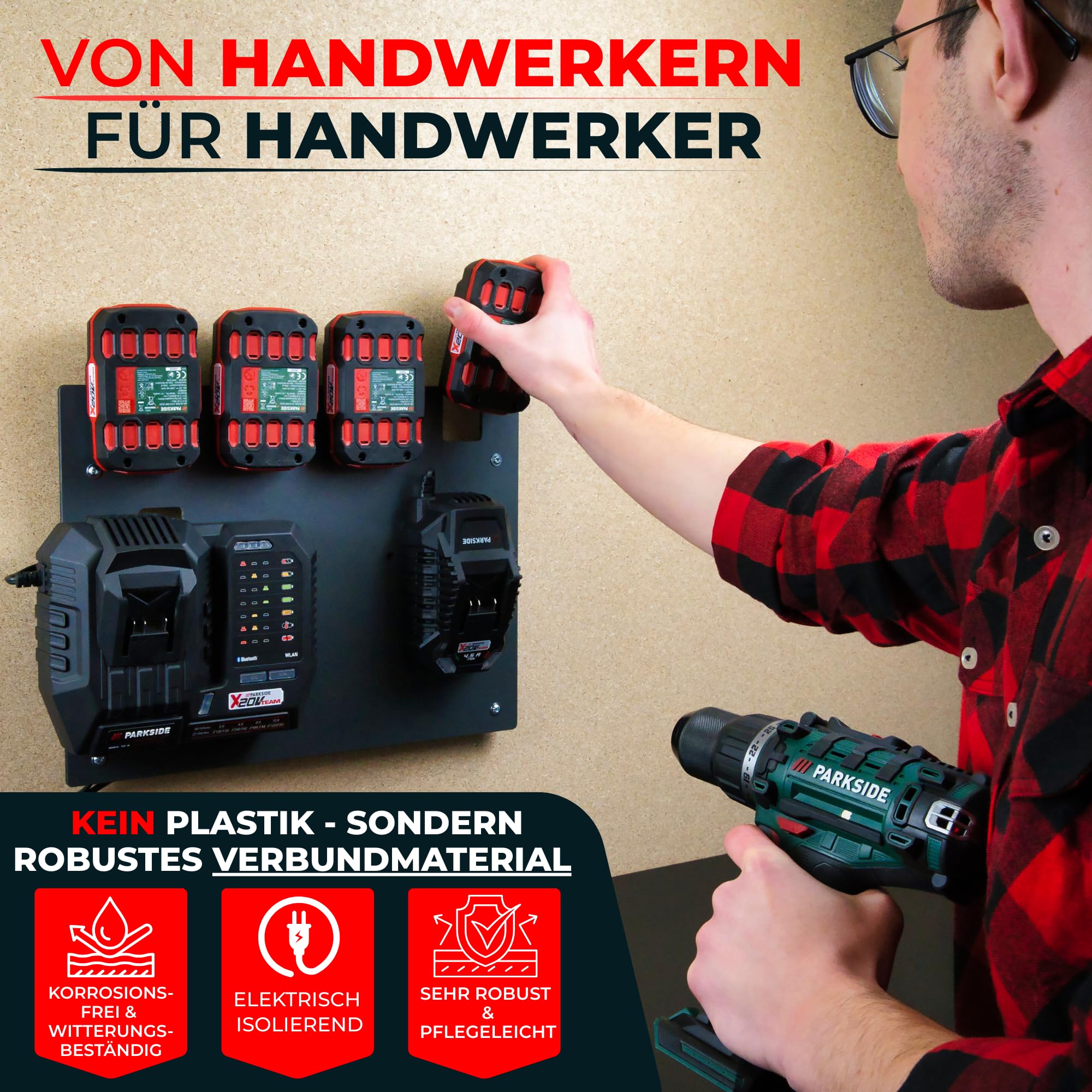 Wandfest® Supporto da parete per batterie e caricabatterie Parkside, con materiale di fissaggio [Made in Austria], supporto per batteria per 1-4 batterie, ora più ordine in officina e garage