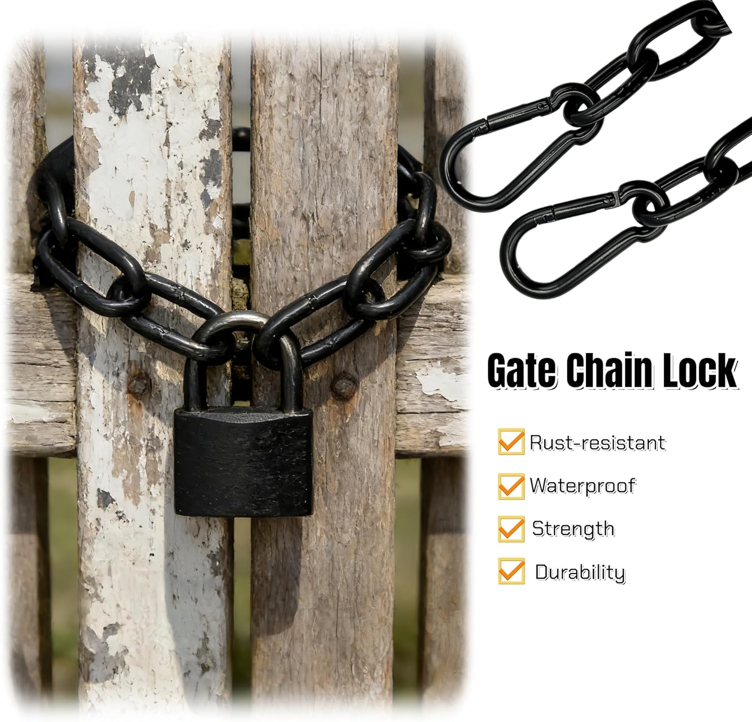 Heavy Duty 1/4" Dia Chain Link,23.6 Inch 304 Stainless Steel Hanging Chain with Carabiners, Steel Black Chain Door Lock for gate Bike Horse stall and Hammock Accessories