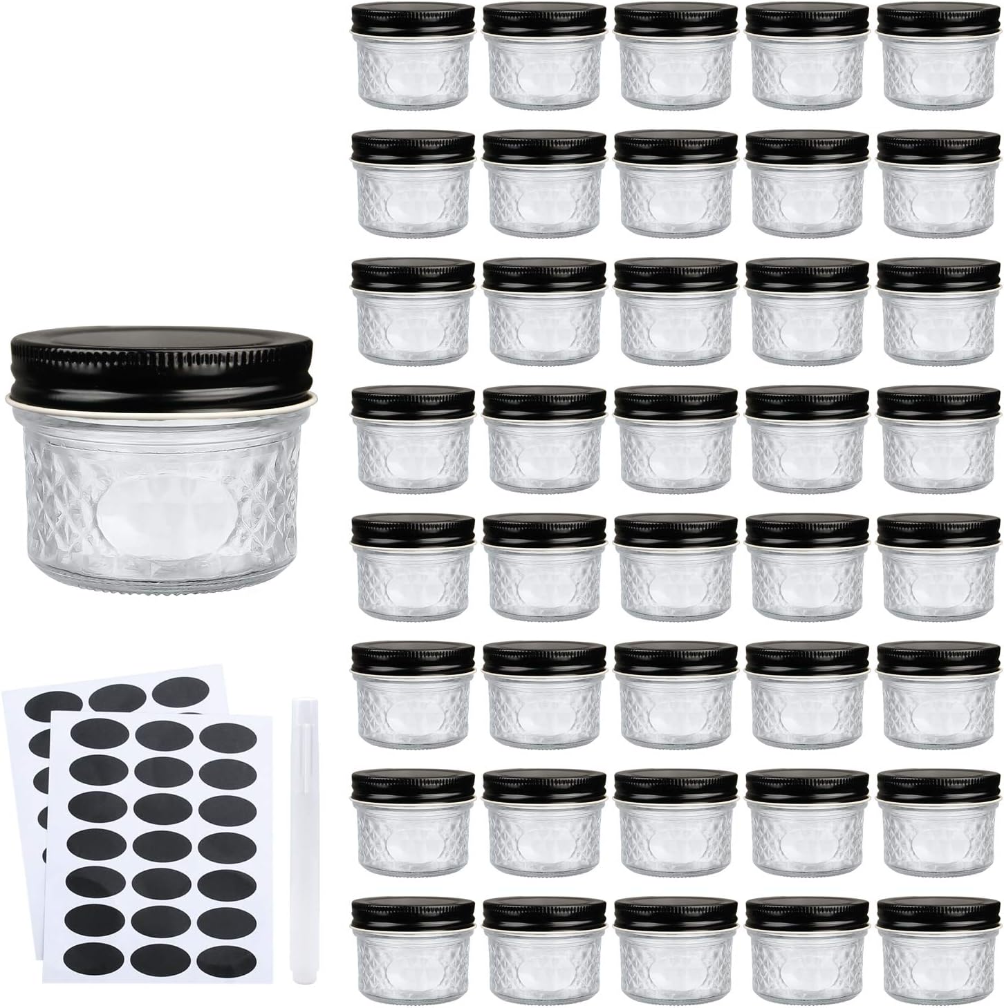4 oz Glass Jars With Lids（Black）,Small Clear Canning Jars For Caviar,Herb,Jelly,Jams,Mini Wide Mouth Mason Jars Spice Jars For Kitchen Storage Preserving Food And Party Favors 40 Pack ……