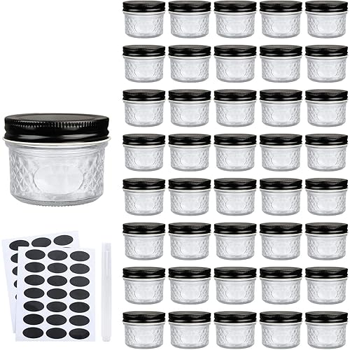 4 oz Glass Jars With Lids（Black）,Small Clear Canning Jars For Caviar,Herb,Jelly,Jams,Mini Wide Mouth Mason Jars Spice Jars For Kitchen Storage Preserving Food And Party Favors 40 Pack ……