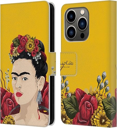 Head Case Designs Funda con licencia oficial de Frida Kahlo Portrait Red Florals - Funda de piel tipo cartera compatible con Apple iPhone 14 Pro