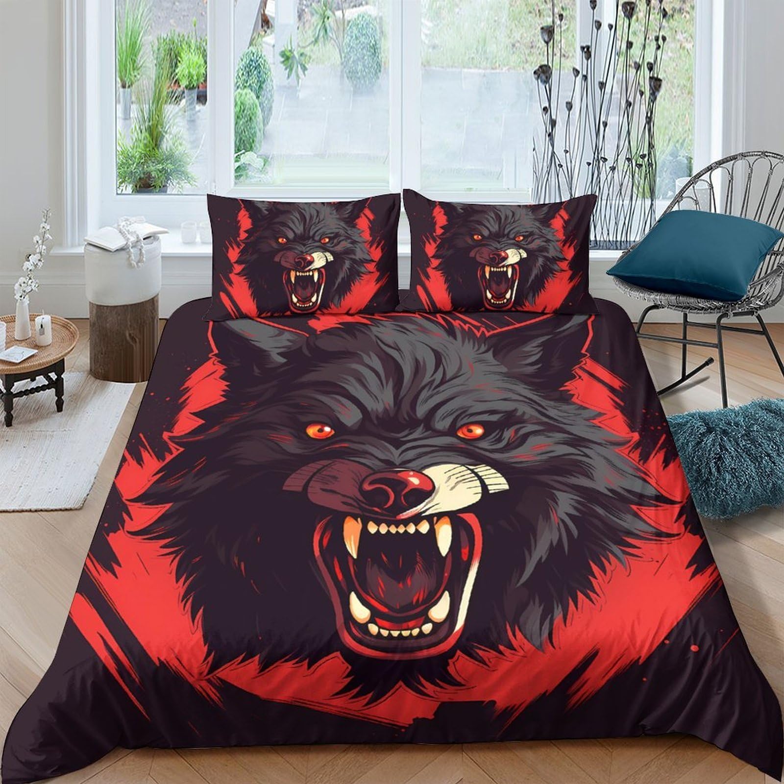Ctjqhvkz Style-3 3D Printed Fierce Wolf Fitted Sheet Microfiber Soft Black Red Animal Pattern Mattress Cover For Bedroom Dorm Decor Single（135X200cm）