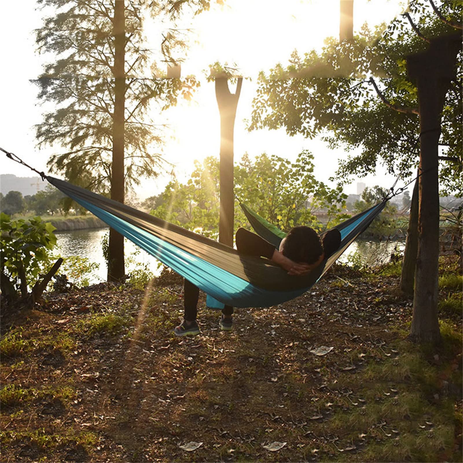 Lekki przenośny hamak na zewnątrz ogród hamak plaża wakacje kemping turystyka na zewnątrz piesze wędrówki (kolor: Niebieski, rozmiar: 260 x 140 cm)