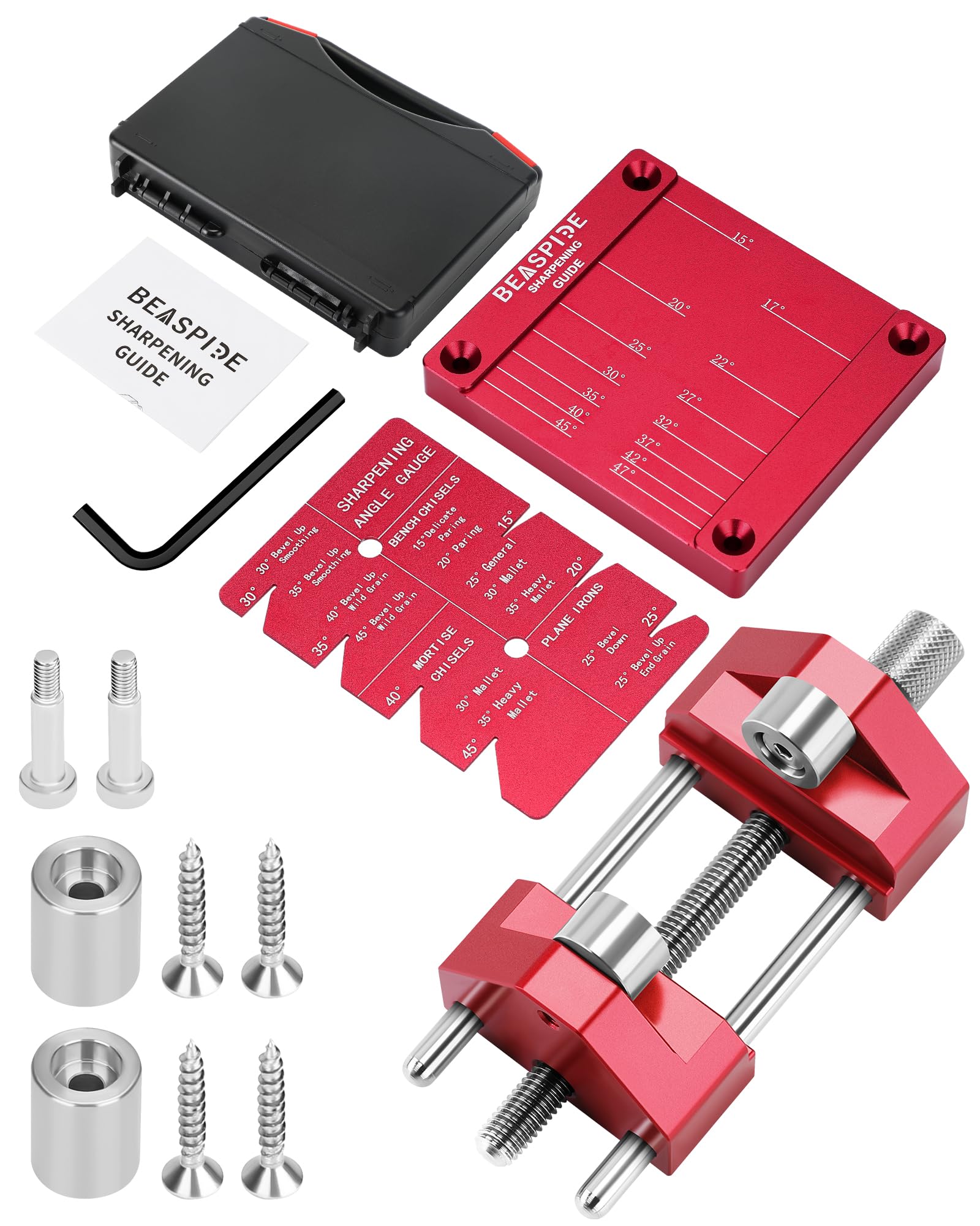 Beaspire Aiguiseur d’Angle avec Guide d’Affûtage, Porte-Burin pour Burins en Bois et Rabots 5/32"–3", Outil d’Aiguisage Réglable (Rouge)