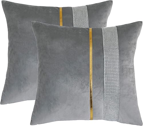 Fundas de almohada de terciopelo gris de 16 x 16 pulgadas, paquete de 2 con diamantes brillantes a rayas doradas de cuero dorado, fundas de almohada disponible en Yaxa Peru