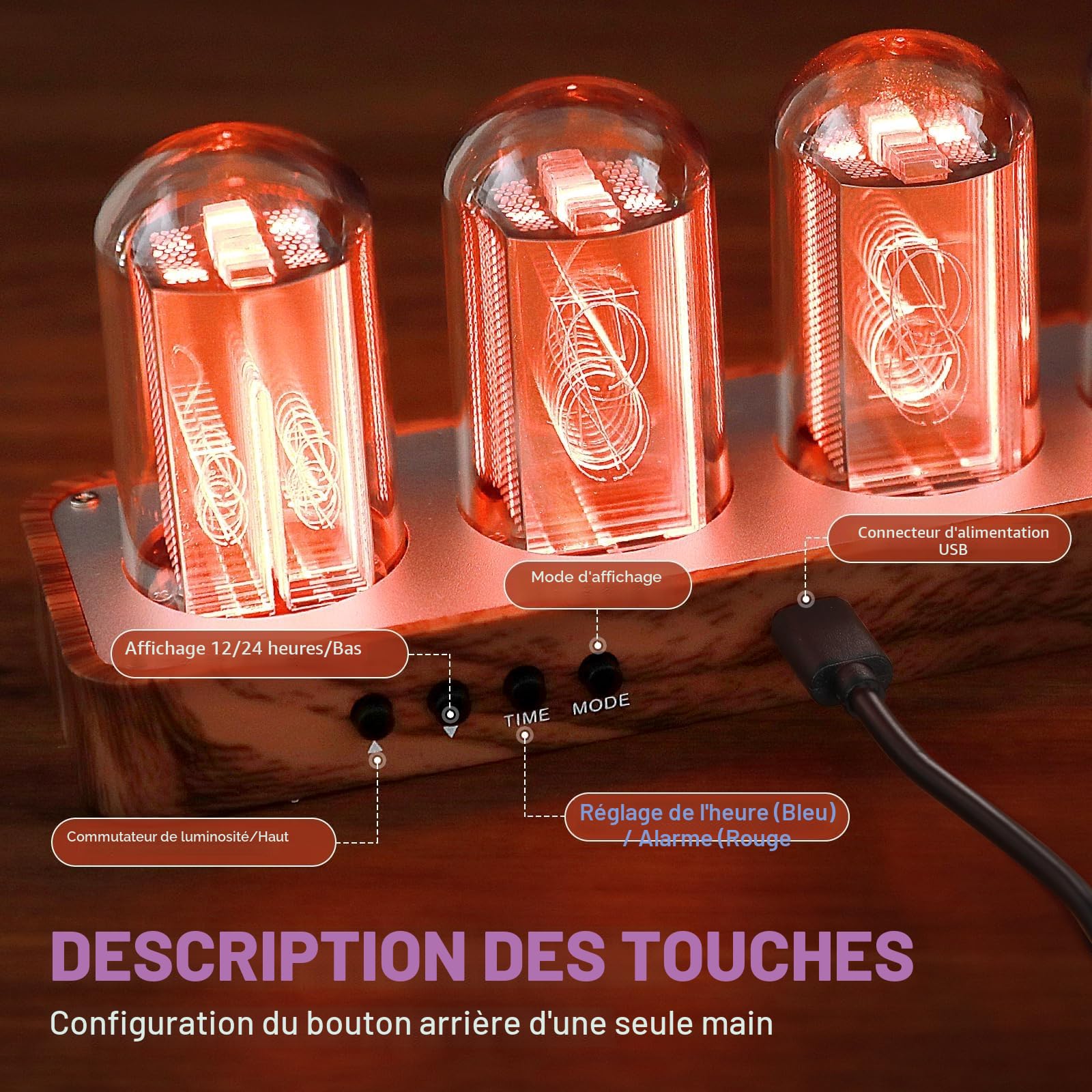 ClocTeck Horloge Nixie à tube numérique en bois Affichage 12/24h Alarme facilement réglable Décor pour bureau et chambre