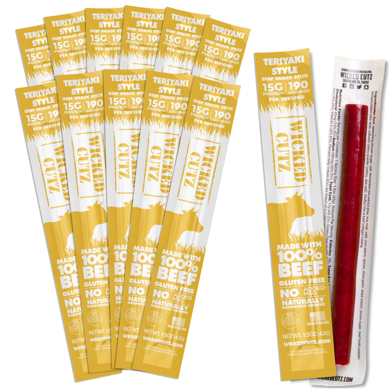 Teriyaki Beef Sticks, 15g Protein Per Beef Stick, Tender & Juicy Extra Large Meat Stick, USA Made High Protein Meat Sticks, Carnivore Snacks (12 Pack)