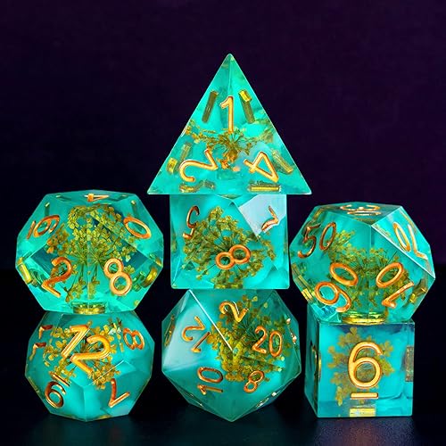 Cusdie Dados DND de bordes afilados, 7 dados D&D, juego de dados poliédricos hechos a mano, para juegos de rol, MTG Pathfinder (trébol-remolinos