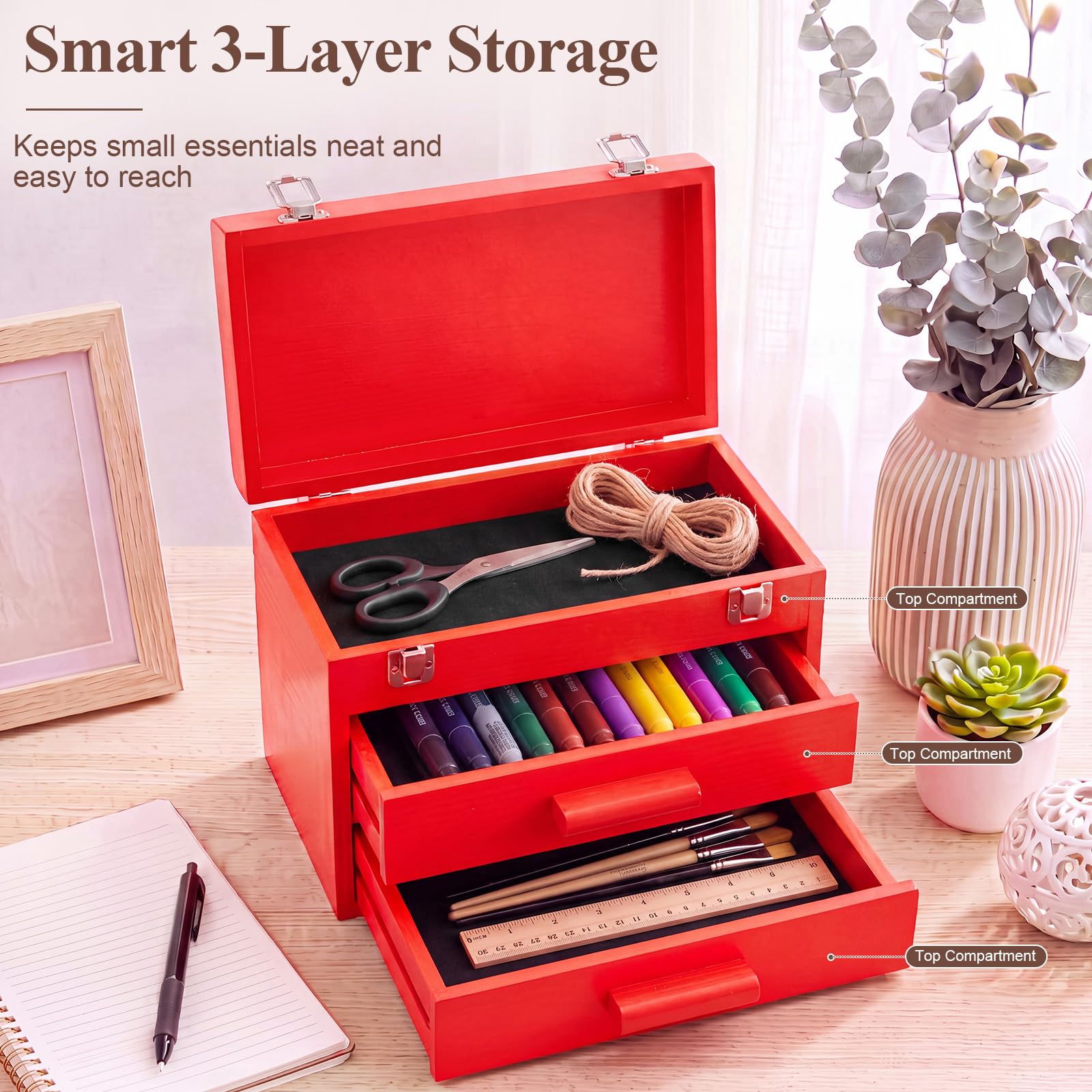 Weysat Mini-Werkzeugkiste aus Holz mit 2 Schubladen und oberer Aufbewahrung, tragbare kleine Werkzeugkiste mit PVC-Auskleidung, Mini-Aufbewahrungs-Organizer, Make-up-Box mit Metallriegelverschluss