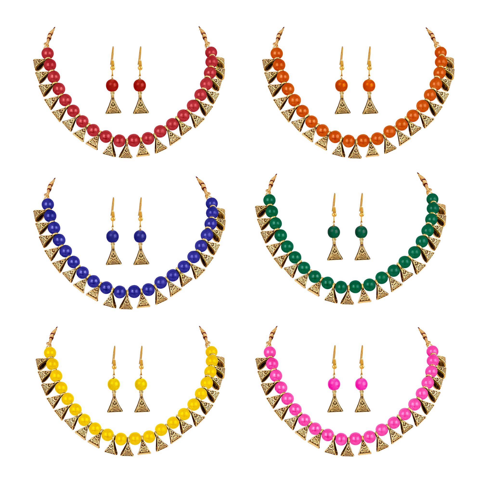 JFLJewellery for Less Fashion German Oxidized and Onyx Beaded Combo Necklace Set with Adjustable Thread (Pack of 3, 4 & 6)