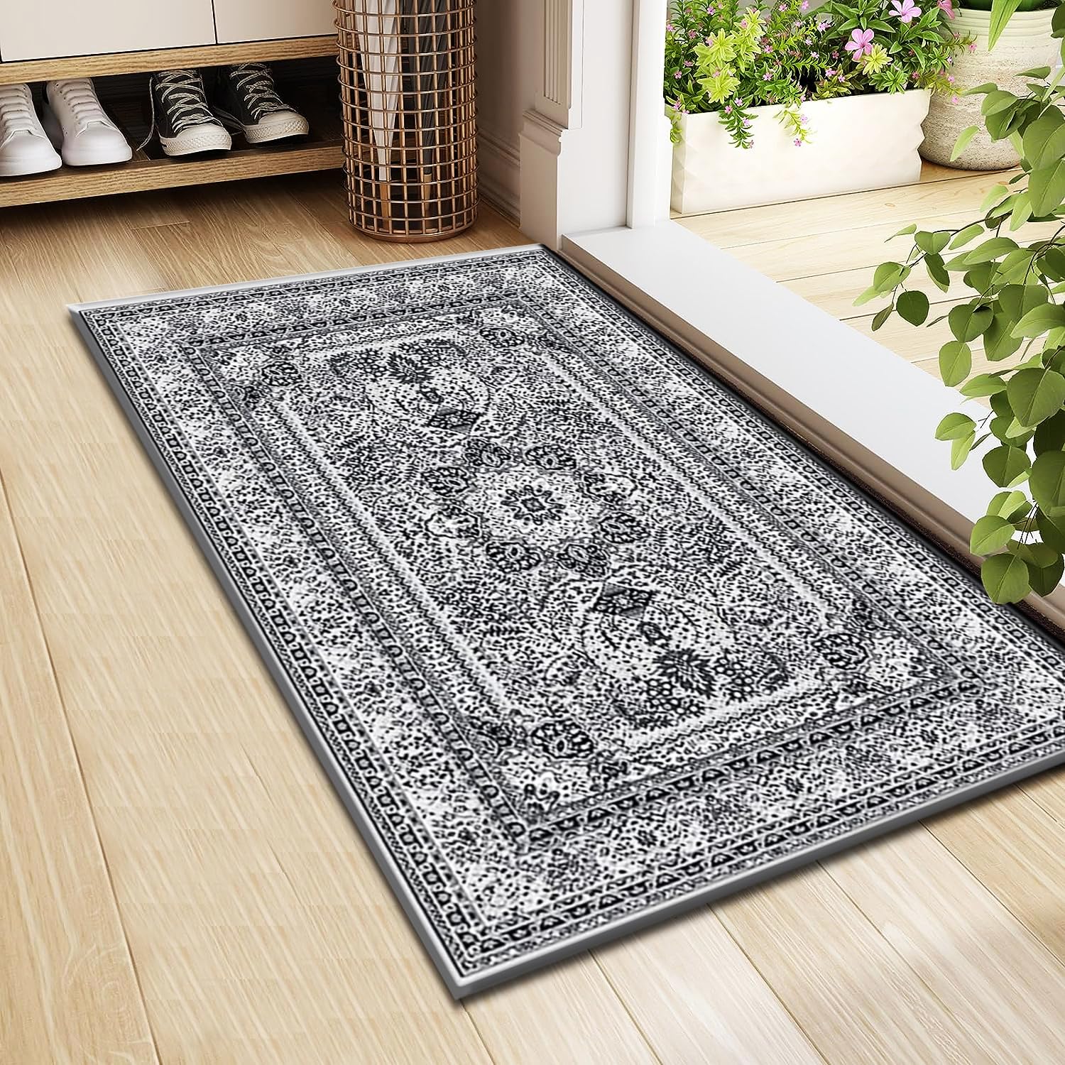 Marrakesh Small Rug – Traditional Low Profile Vintage Design Rugs for Hallway Kitchen Bedroom Living Room Front Door Carpet Mats (Grey - 0207, 60 x 110 cm)