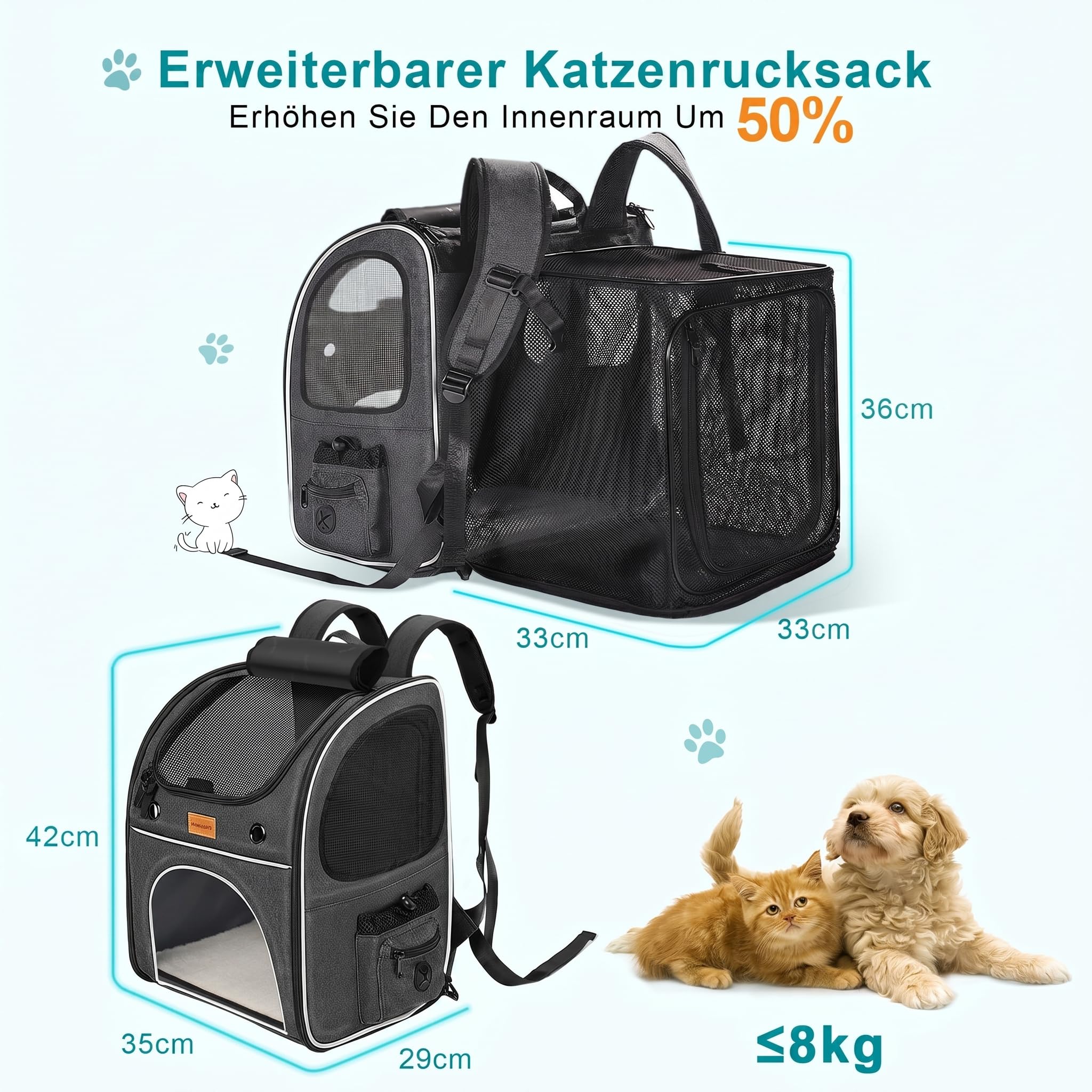Morpilot Katzenrucksack Große Katzen, Erweiterbar Hunderucksack bis 8 kg Katzen Rucksack Groß für Kleine Hunde Faltbare mit Innerer Sicherheitsleine und Haustiermatte 35x29x42cm, Dunkelgrau