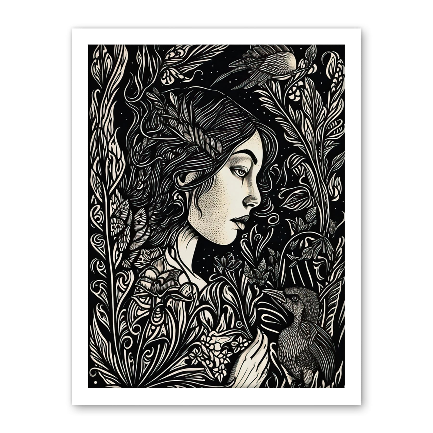 Artery8 Woman with Crow in a Field Black and White Linocut Artwork Framed Wall Art Print 18X24 Inch