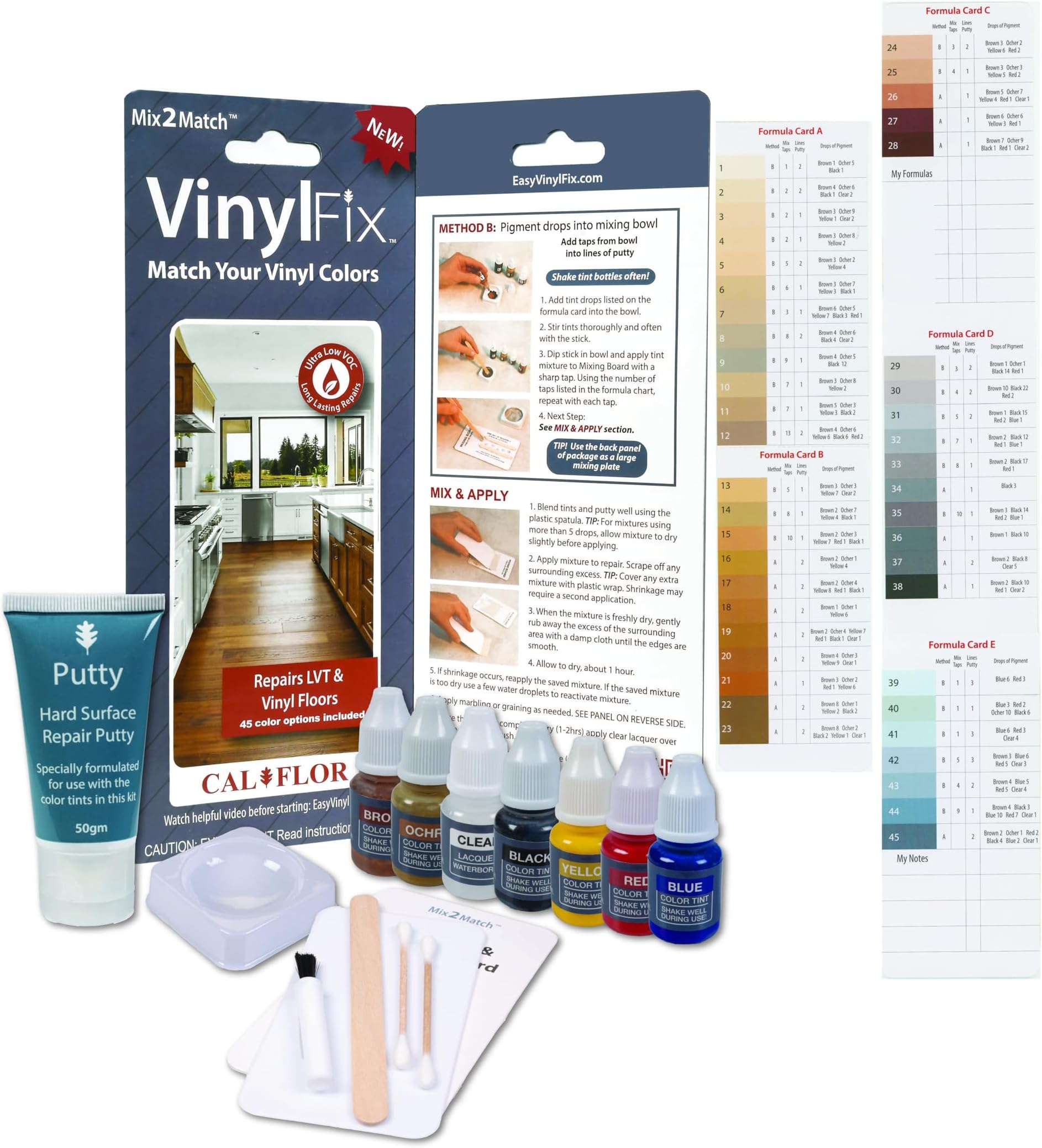 CalFlor VinylFix Mix2Match Vinyl & LVT Repair Kit – Acrylic Putty + 7 Pigments, 45 Color Formulas