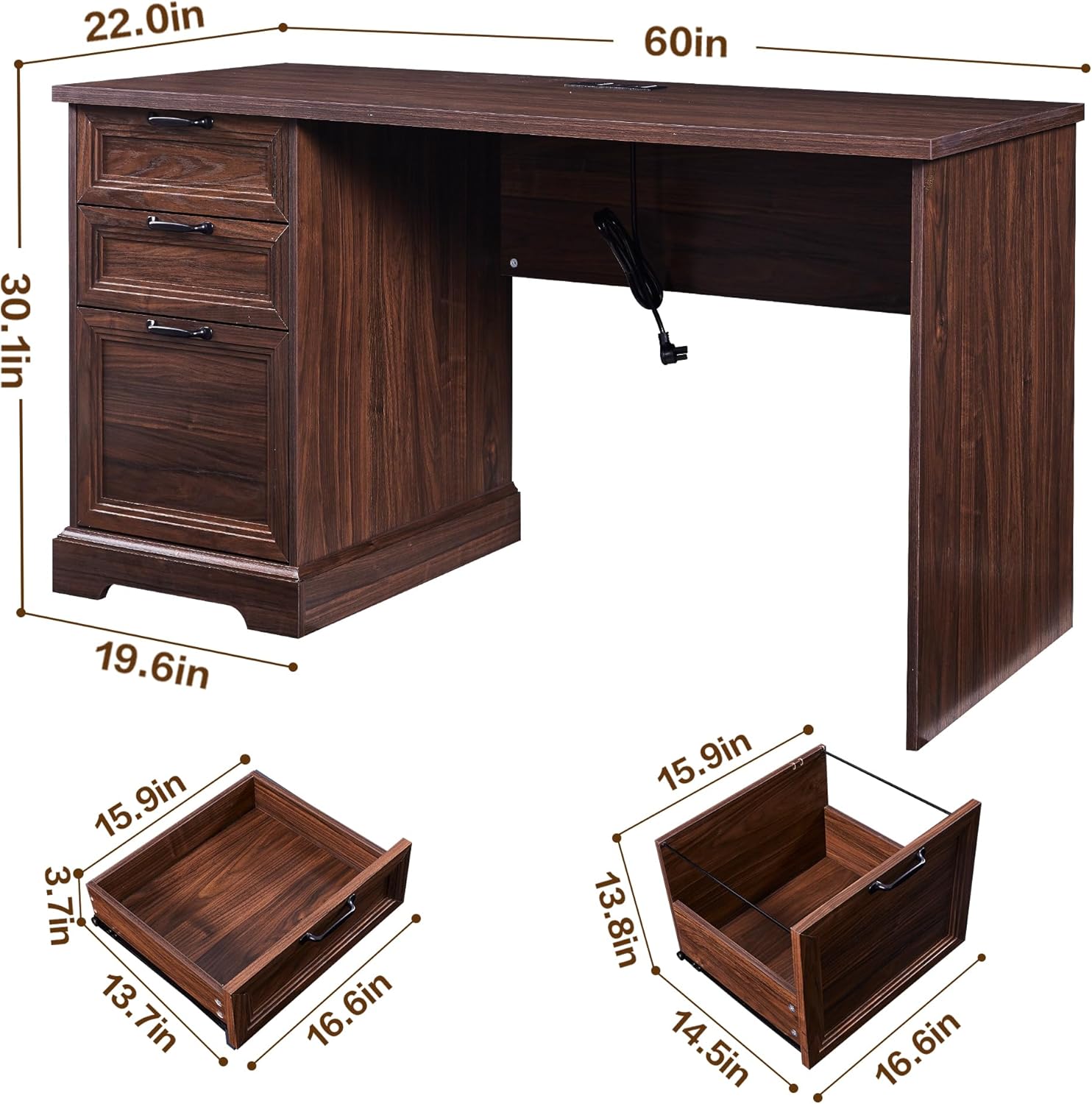 60" Farmhouse Executive Desk with Charging Station,Home Office Desk with 2 Drawers &1 File Cabinet,Wood Work Desk for Office and Home (Brown)