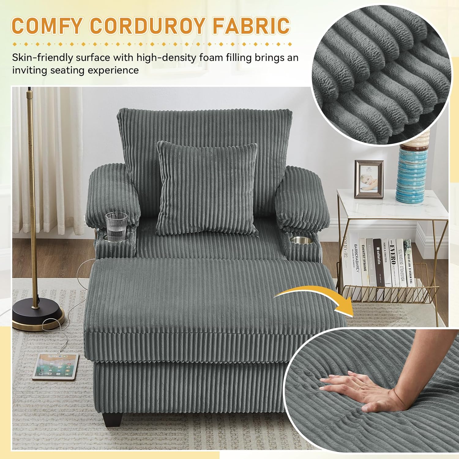 Chaise Lounge Chair with Ottoman, Comfy Cloud Corduroy Accent Single Sleeper Sofa Chair with USB Charging & Storage Armrests for Living Room Bedroom Office, Adjustable Backrest, Grey