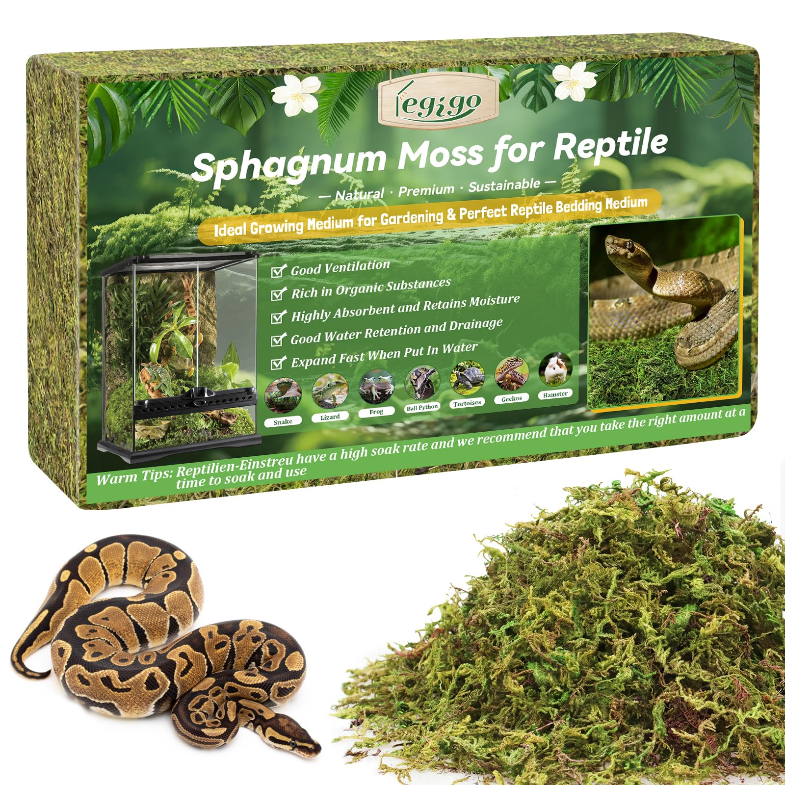 Legigo 400g Sphagnum Moss for Reptile- 16 L Natural Reptile Moss Terrarium Moss Substrate, Snake Tank Moss Peat Moss Reptile Bedding for Snake, Gecko, Ball Python, Frog and Orchids Plants