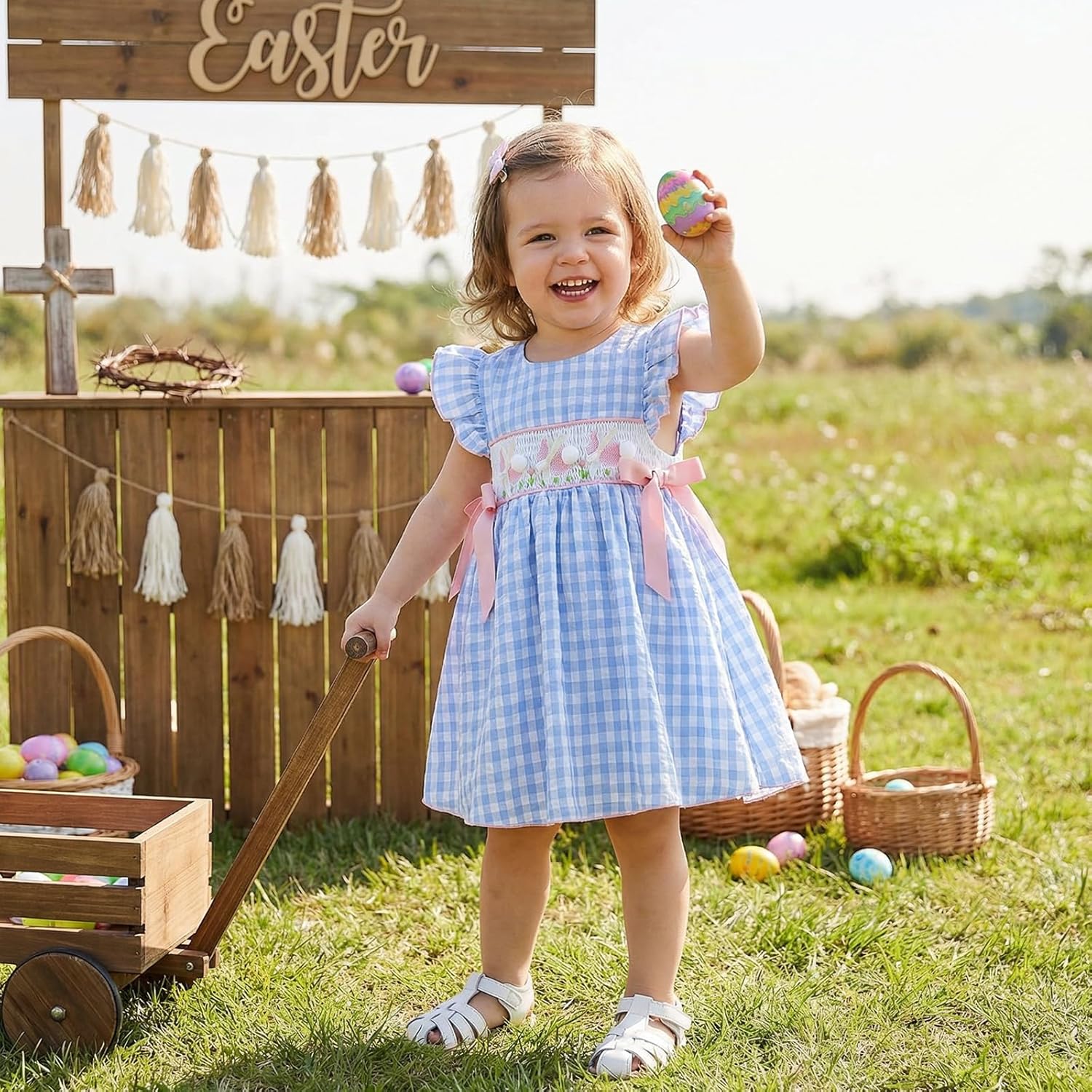 Toddler Baby Girl Easter Outfit Bunny Sleeveless Dress Fly Sleeve Smocked Easter Dresses Little Girls Spring Clothes - Image 2
