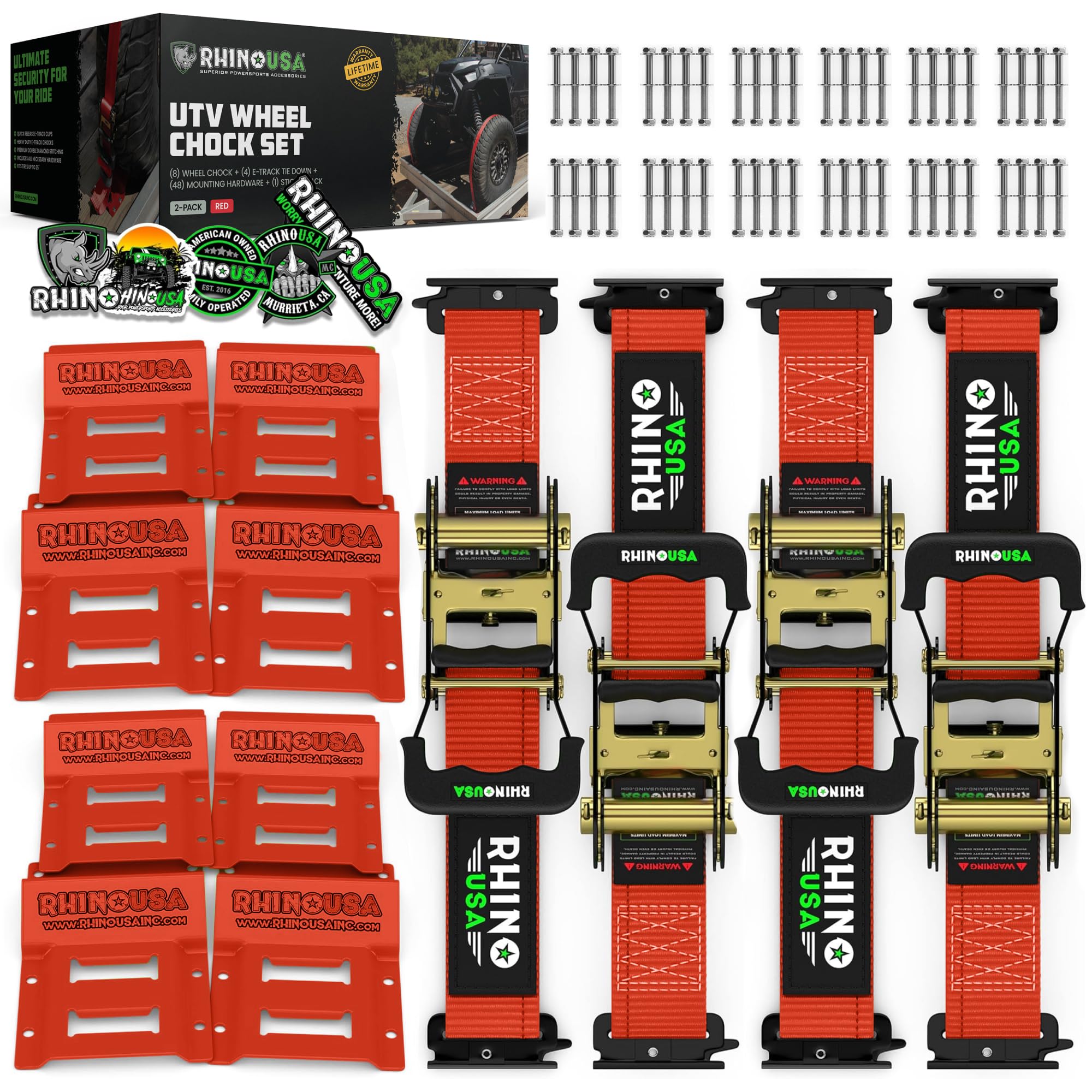 Rhino USA Wheel Chock Tie Down Kit (4,500lb Break Strength) (4) Heavy Duty Trailer Tire Ratchet Straps (8) Wheel Chocks - E Track System for ATV, UTV, Lawn Mower, Four Wheeler - Red