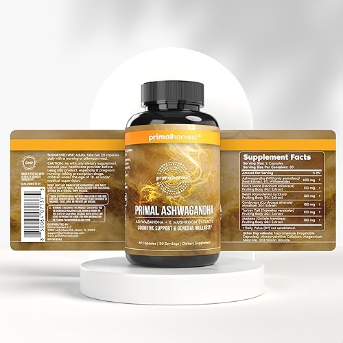 Miniatura 3 de Primal Harvest Suplemento Ashwagandha con 5 extractos de hongos melena de león, reishi, cordyceps, cola de pavo y maitake para apoyo inmunológico y