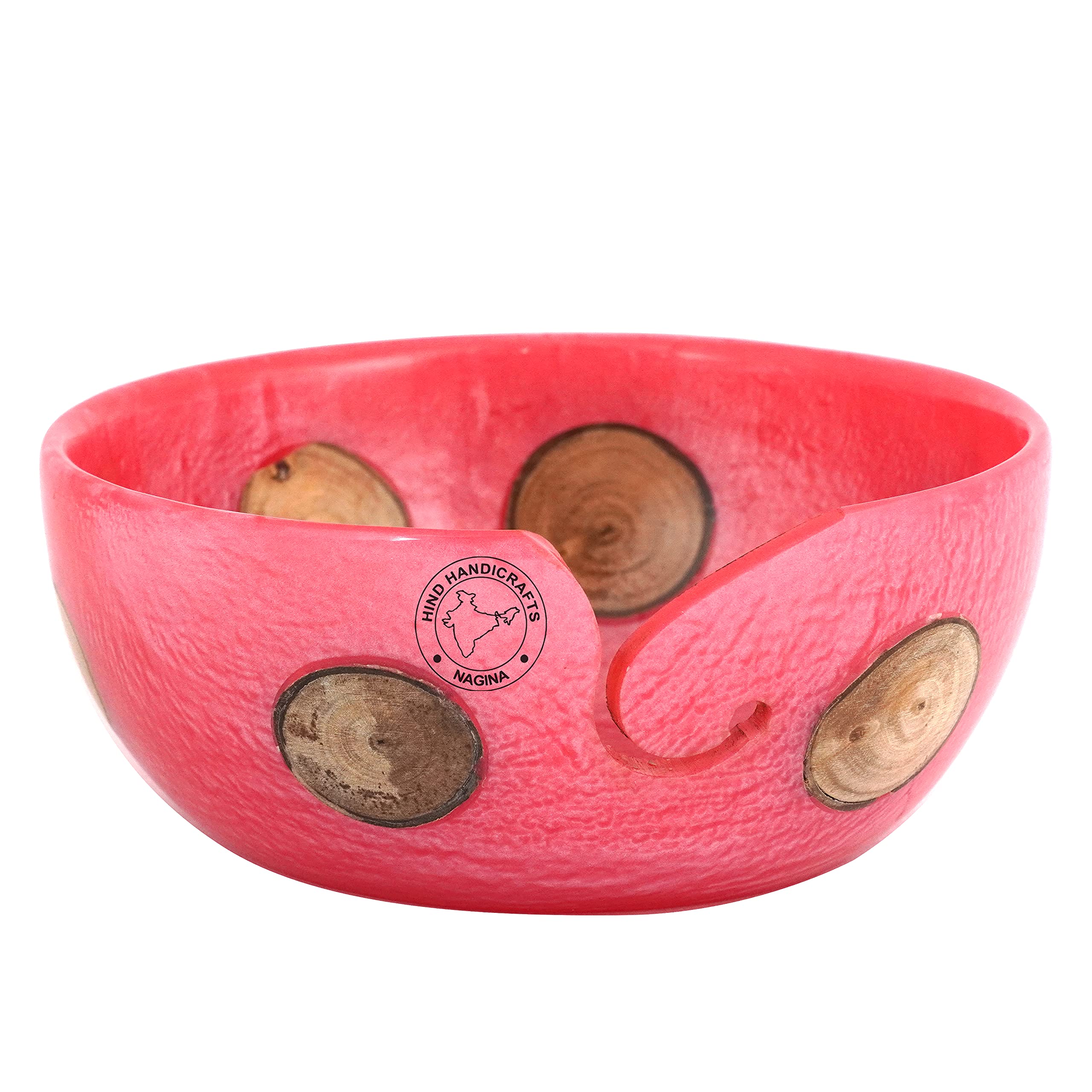 Bol de rangement portable pour crochet en bois de teck et résine rose 15cm
