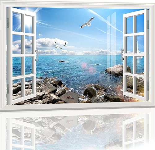 Miniatura 1 de Calcomanía mural removible para ventana falsa 3D, autoadhesiva, imagen de póster de 35 x 24 pulgadas, diseño de mar y sol, despegar y pegar,