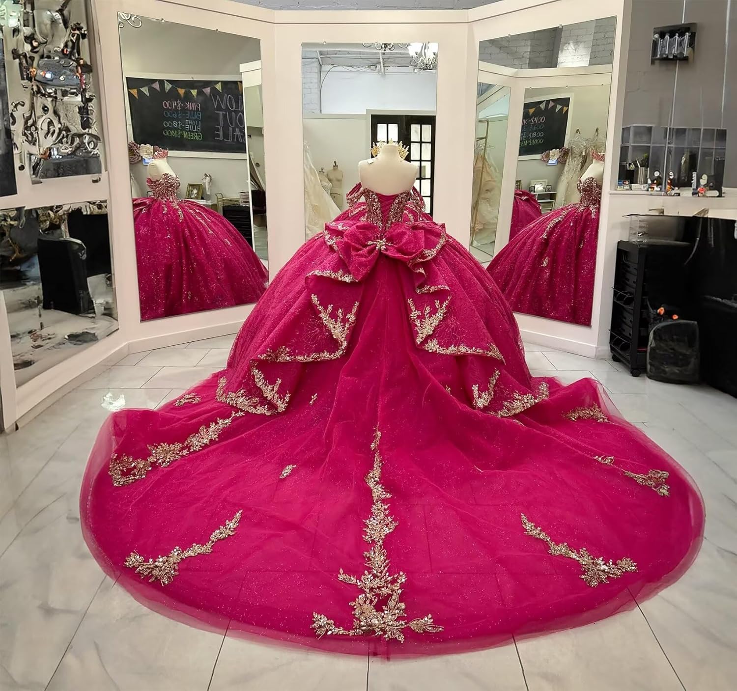 Gold Appliques Quinceanera Dresses with Bow Sweet XV Dress Glitter Puffy Ball Gown with Long Train PM006