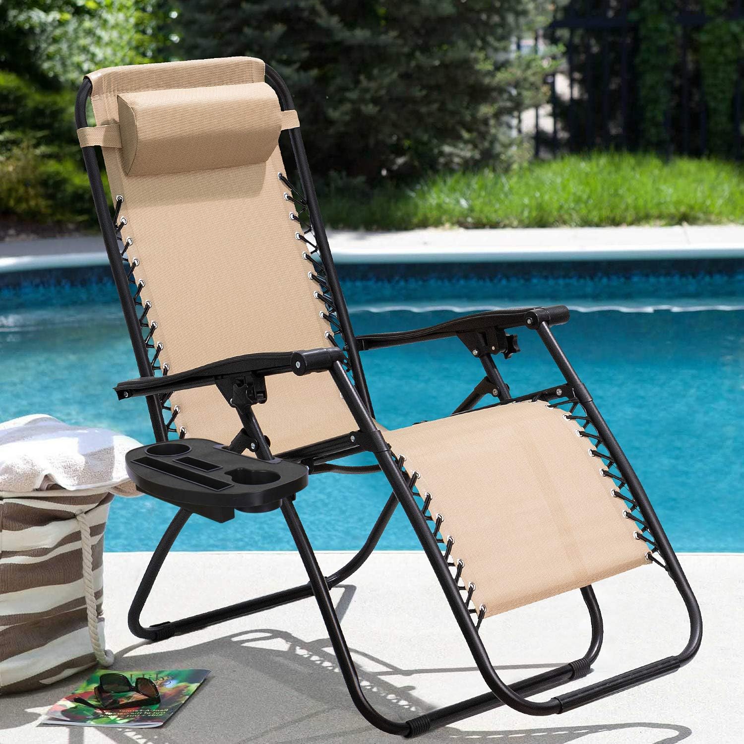 Flamaker Patio Zero Gravity Chair Outdoor Recliners Folding Lounge Chair Adjustable Lawn Lounge Chair with Pillow for Poolside, Yard and Camping (Beige)