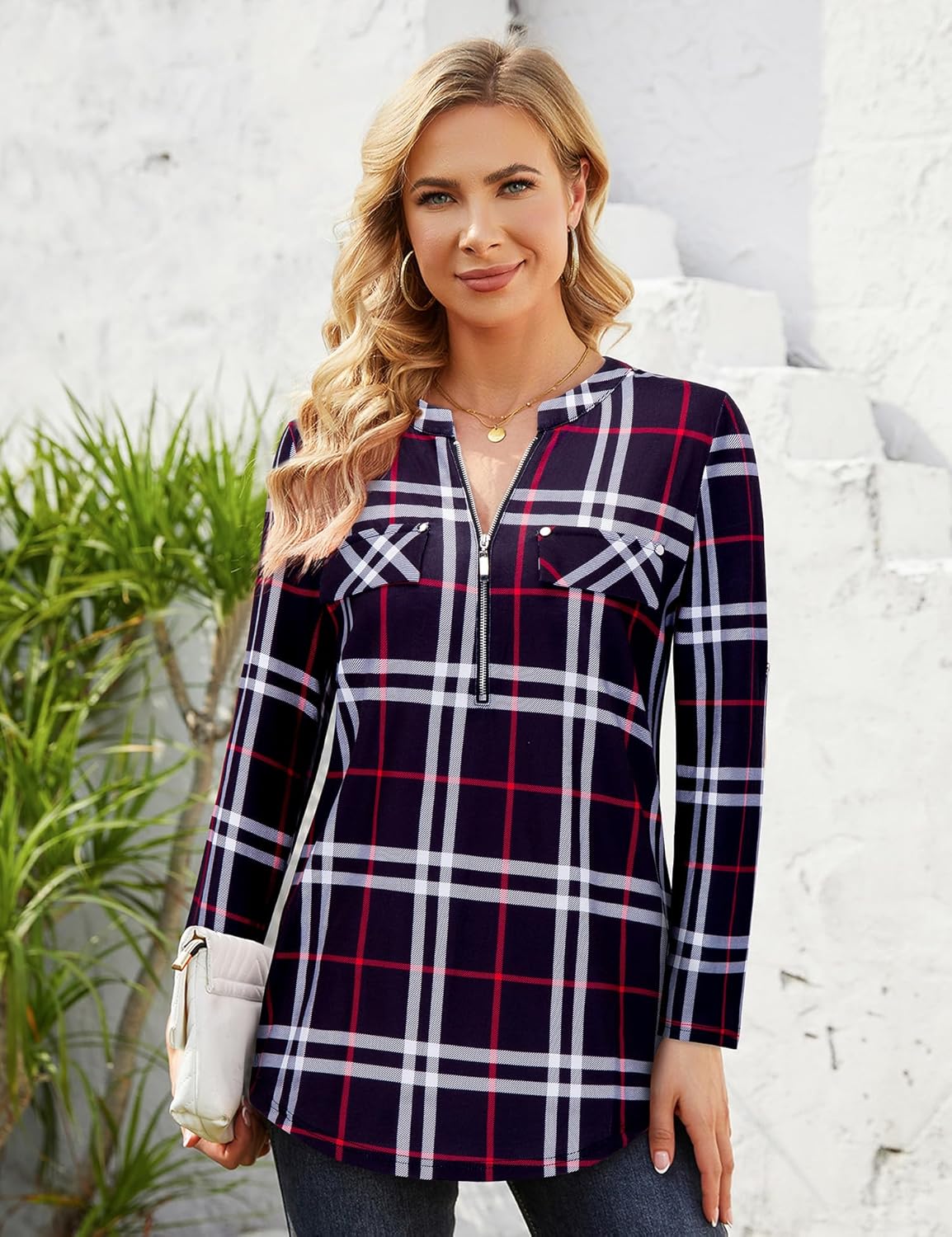 Bulotus Women's Zip Front V-Neck 3/4 Sleeve Tunic Casual Top Black Plaid X-Large