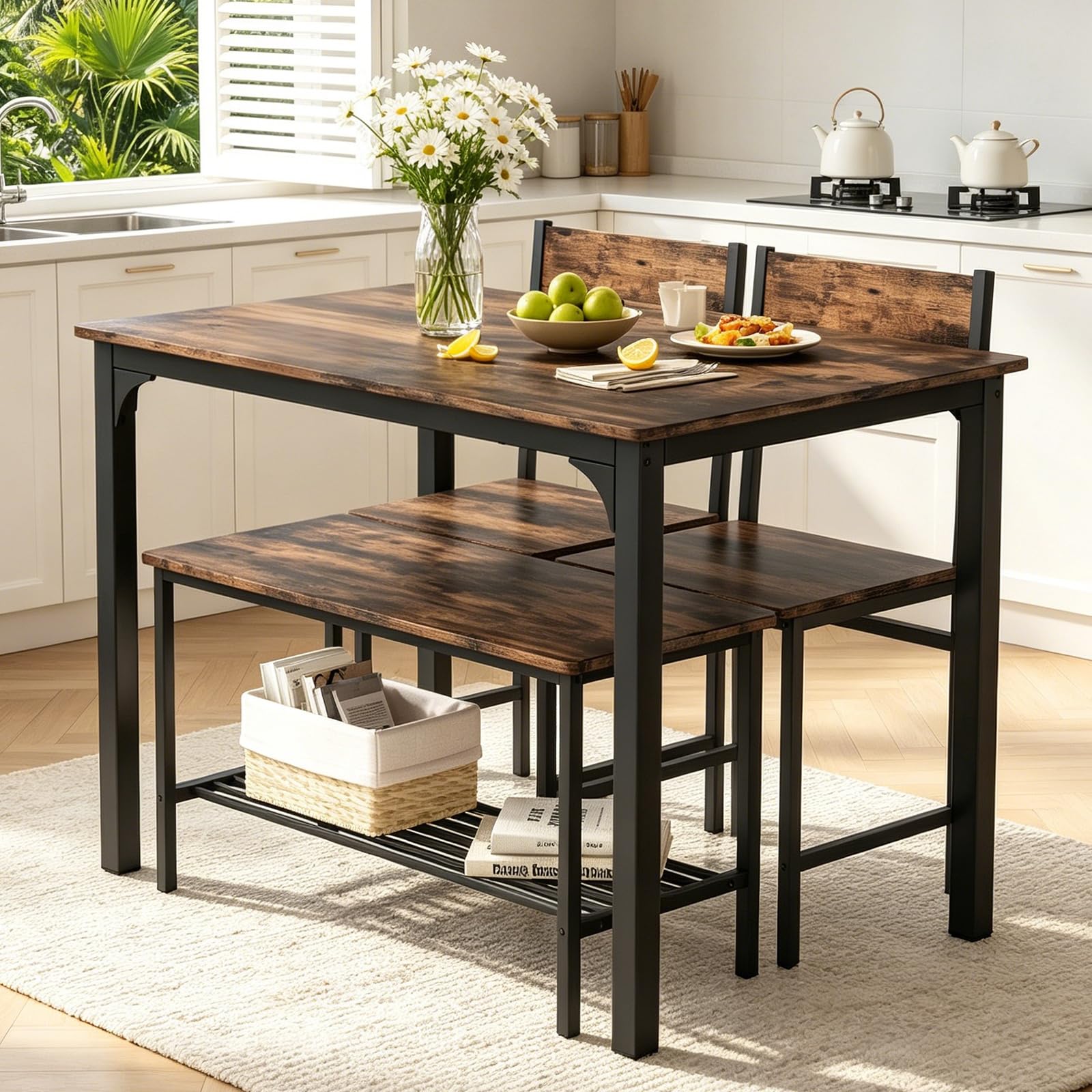 COSTWAY Ensemble Table et Chaise Salle a Manger pour 4 Personnes, 2 Chaises, Banc avec Étagère, Design Compacte Encastrable, Salle a Manger Complete pour Petite Espace, Cuisine, Salon(Marron)