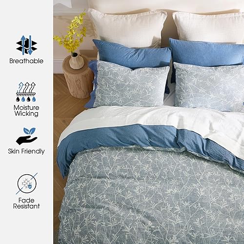 Miniatura 3 de Juego de funda de edredón tamaño King, mezcla de lino y algodón floral, con textura jacquard azul, fundas de edredón suaves con botón de coco (1