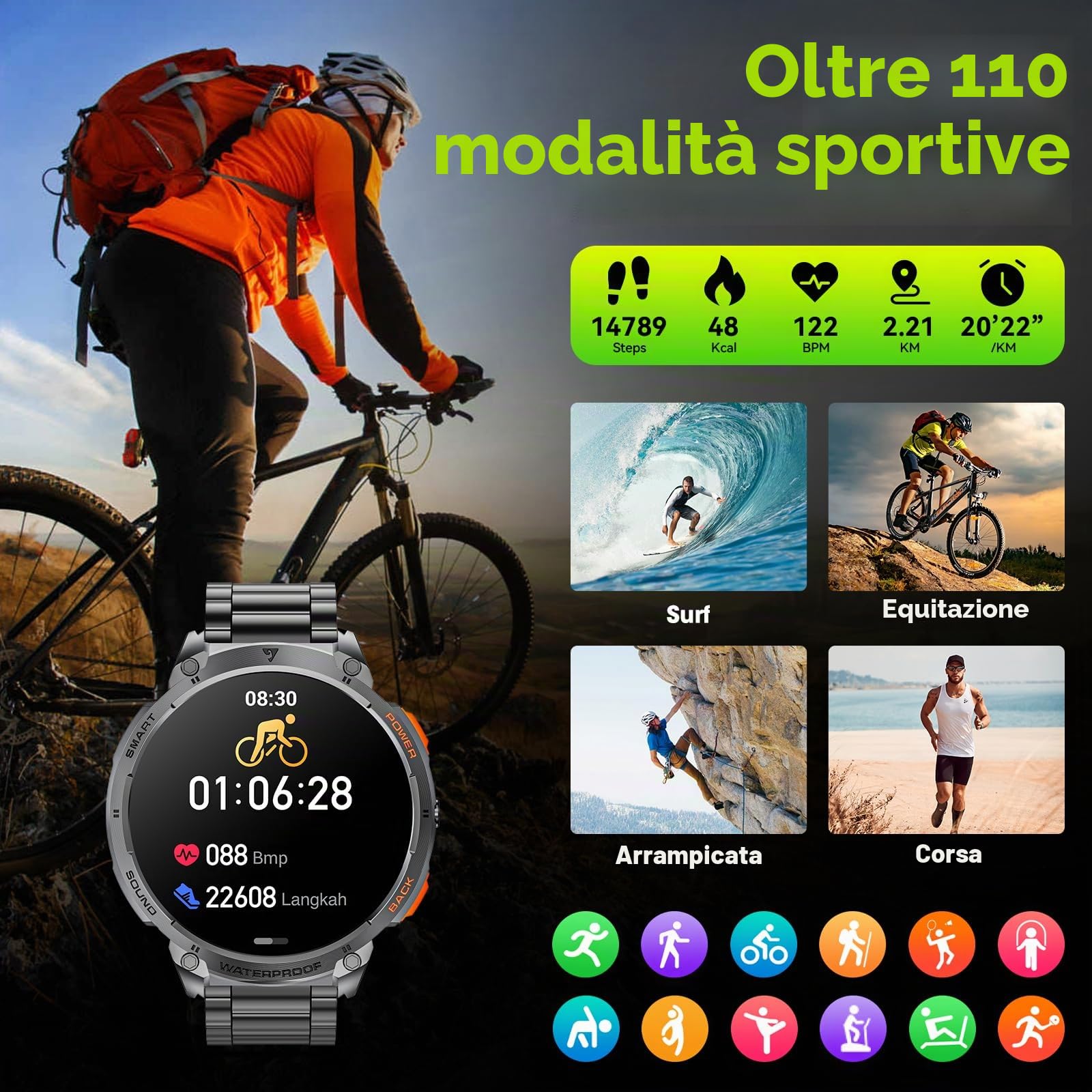 Smartwatch Uomo 1.85" HD Orologio con Effettua/Risposta Chiamate,730mAh IP68 Impermeabile Fitness Tracker con Torcia a LED,24/7 Frequenza Cardiaca SpO2 Monitor del sonno per iOS Android