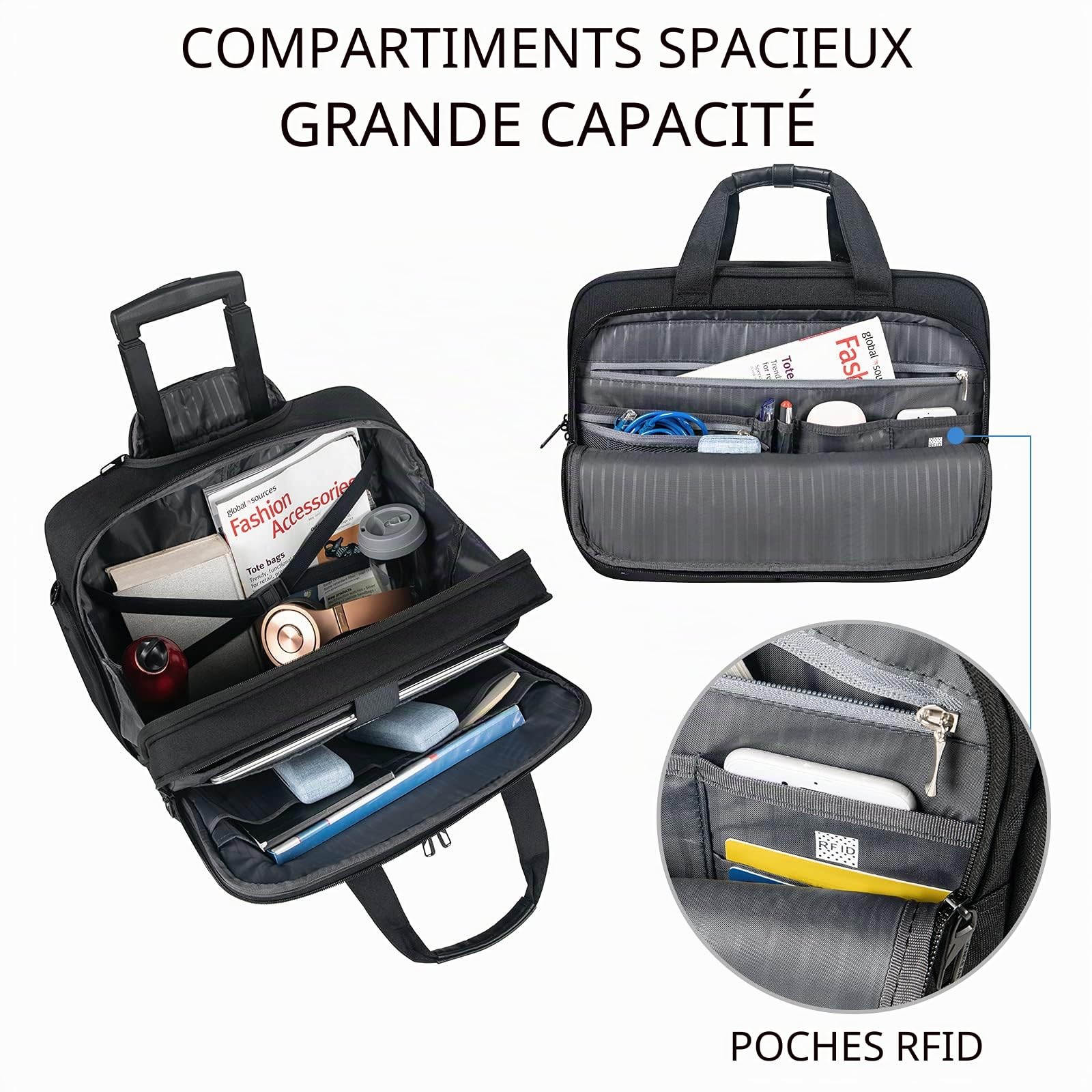 VANKEAN Sacoche à roulettes pour Ordinateur Portable de 17,3" pour Homme, Mallettes à roulettes pour Ordinateur Portable élégante et résistante à l'eau avec Poches RFID pour Voyage