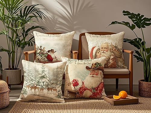 Miniatura 5 de Juego de 4 fundas de almohada vintage de Navidad de 18 x 18 pulgadas, fundas de almohada de doble cara, diseño de Papá Noel, ciervo, nieve, árbol de