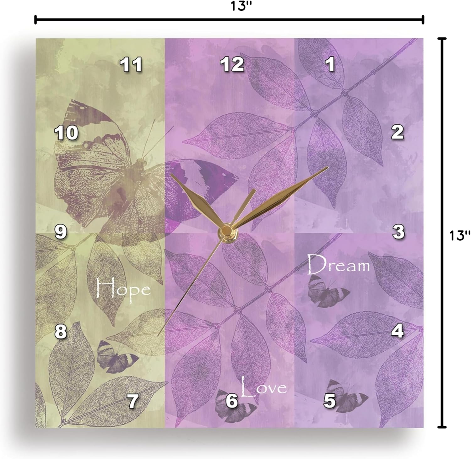 3dRose DPP_99238_2 Hope, Love, Dream Inspirational Butterflies and Leaves-Wall Clock, 13 by 13-Inch