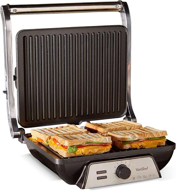 VonShef 4 Slice Sandwich Toaster & Toastie Maker, Deep Fill Stainless Steel 1000W - Panini Press & Grill - Easy Clean Non Stick, Drip Tray, Ready Light, Cool Touch Handle & Adjustable Temp Control