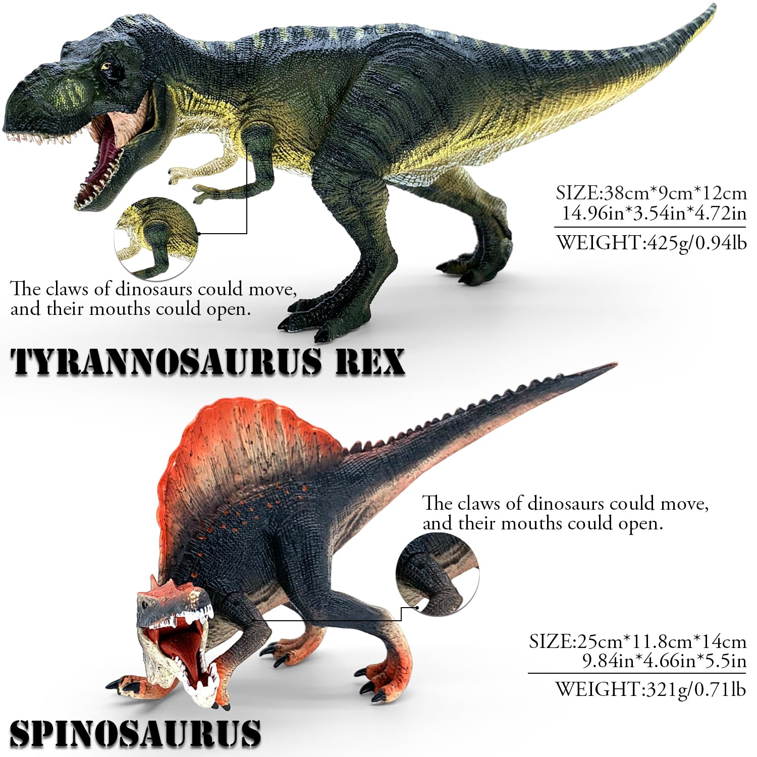 Realistic 15" Large Tyrannosaurus Rex & Spinosaurus Dinosaur Action Figures with Movable Jaws - Image 4