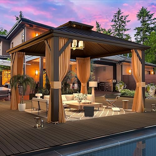 Miniatura 7 de MELLCOM Cenador de techo rígido de 12 x 12 pies, cenador de aluminio de doble techo de metal con cortina y red, pabellón de acero galvanizado