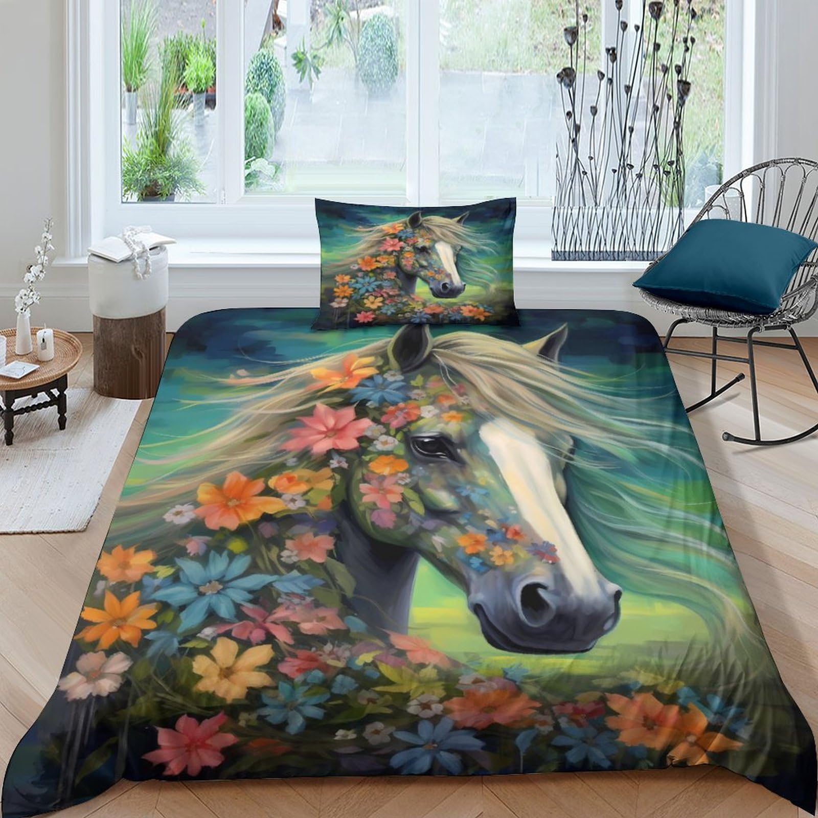 Parure de lit 3D fleurs et chevaux en microfibre supérieure avec housse et taies d'oreiller