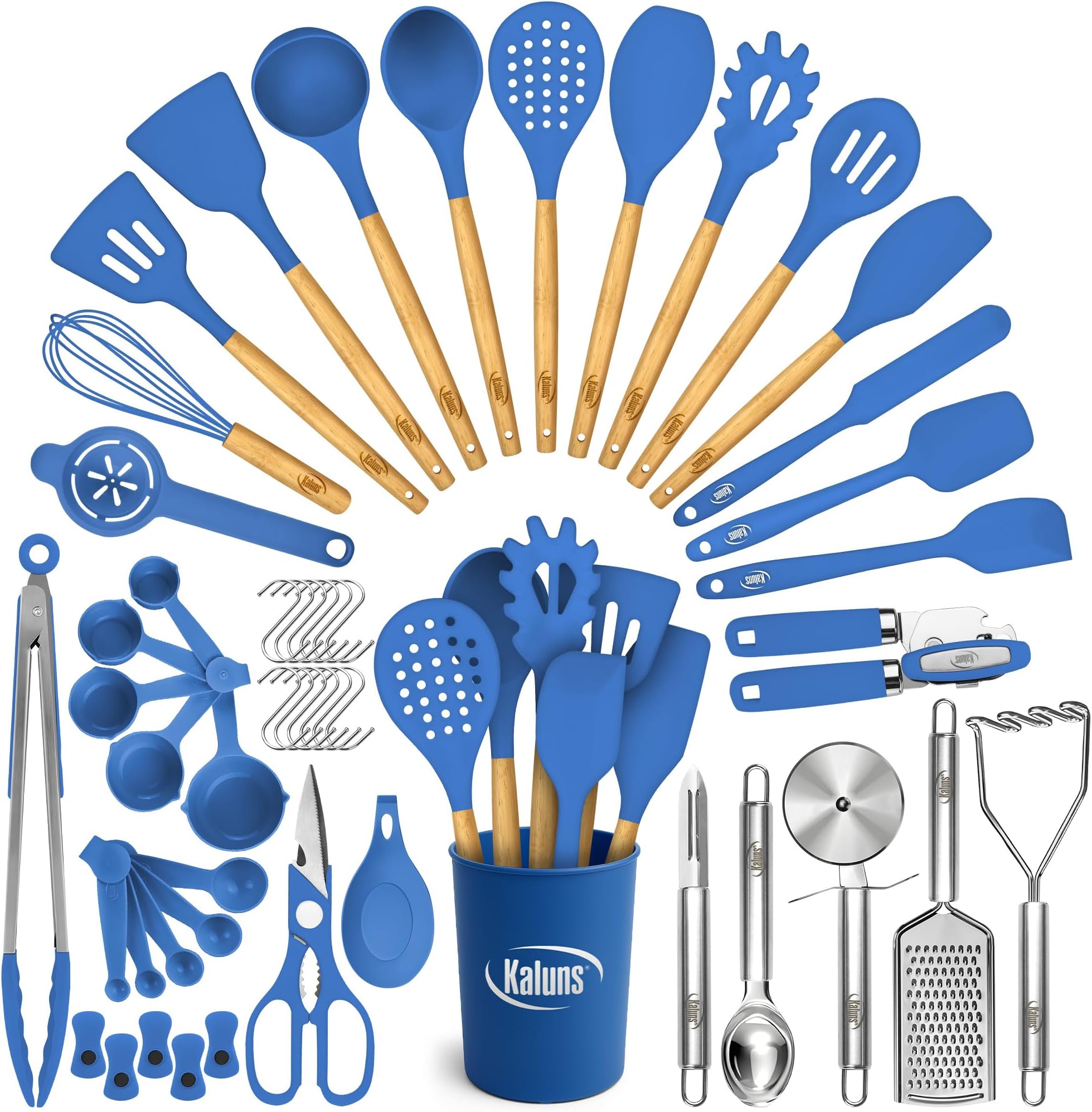 Kaluns 50 PCS Silicone Kitchen Utensils Set Complete Kitchen Set - 800°F Heat Resistant Non-Stick Premium Cooking Utensils W Wooden Handles - Can Opener, Masher, Turner, Silicone Spatula Set