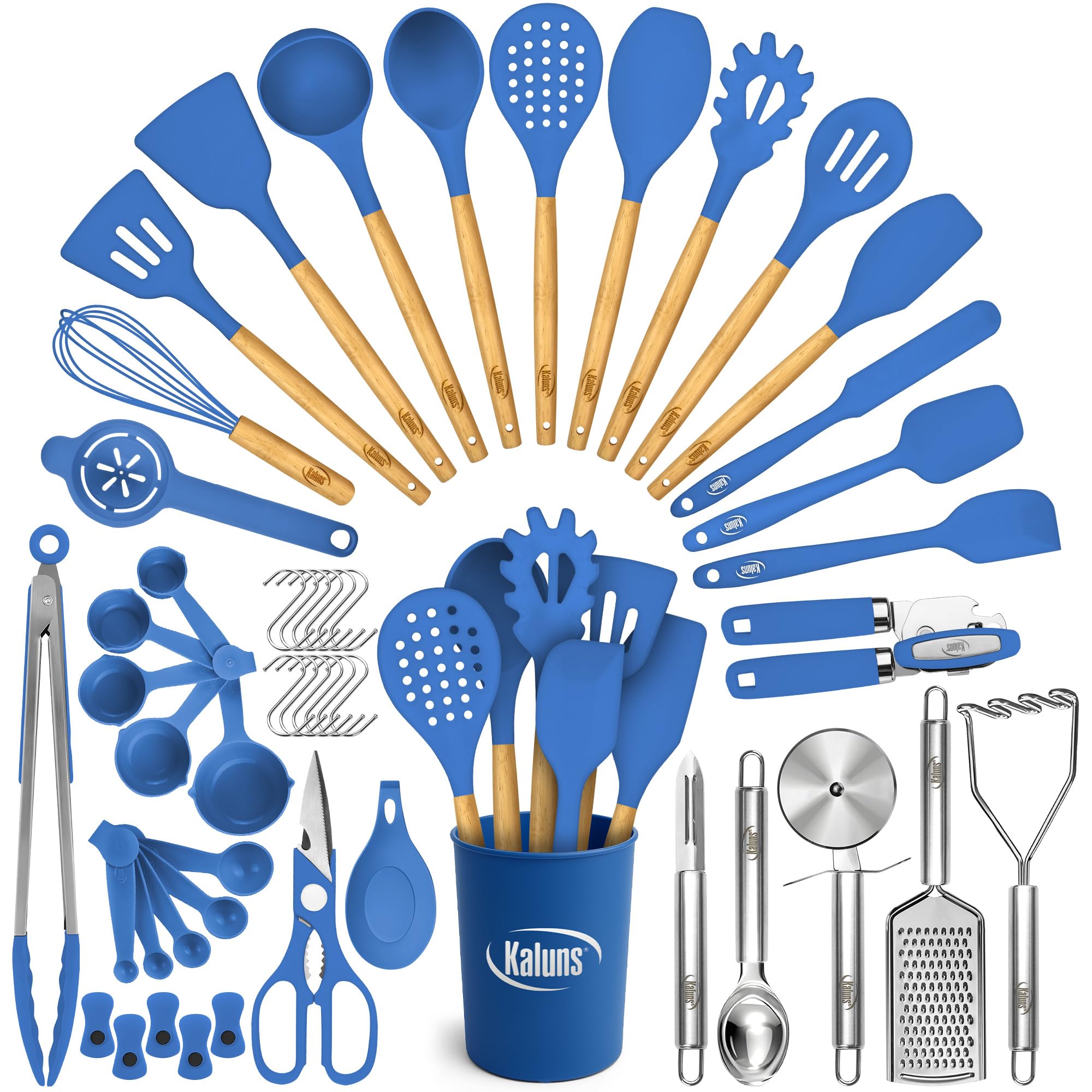 Kaluns 50 PCS Silicone Kitchen Utensils Set Complete Kitchen Set - 800°F Heat Resistant Non-Stick Premium Cooking Utensils W Wooden Handles - Can Opener, Masher, Turner, Silicone Spatula Set