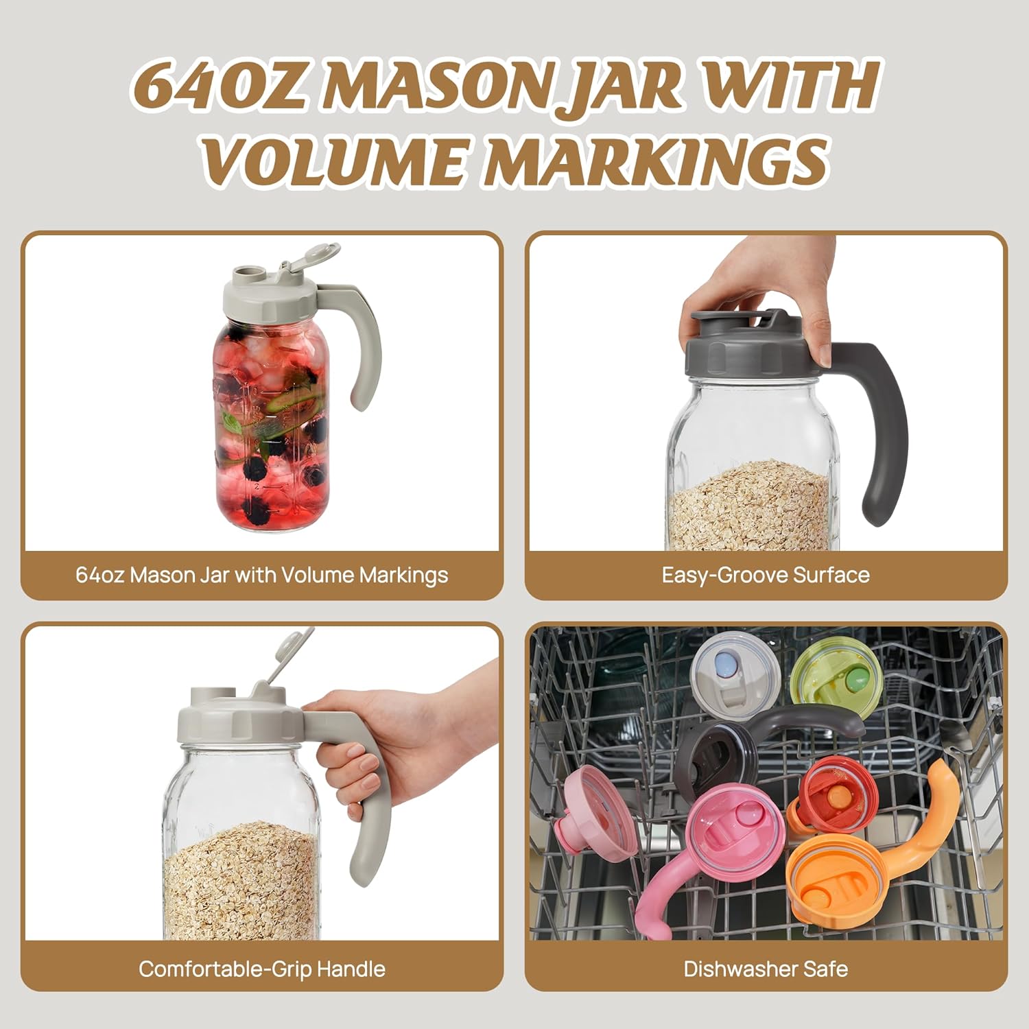 Soligt Glass Mason Jar Pitcher with Lid, Wide Mouth Flip Cap Pour Spout Leak-proof Lid with Handle, 64 oz (2 Quart / 1.9 Liter), for Iced Coffee/Sun Tea Juice/Cold Brew Coffee/Milk (1Pack, Light Gray) - Image 4