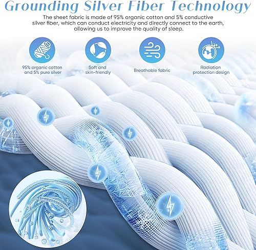 Miniatura 3 de Grounding Sheets tamaño King, 95% algodón orgánico + 5% fibra plateada pura, sábanas conectadas a tierra (King - 77 x 80 x 13 pulgadas, blanco)