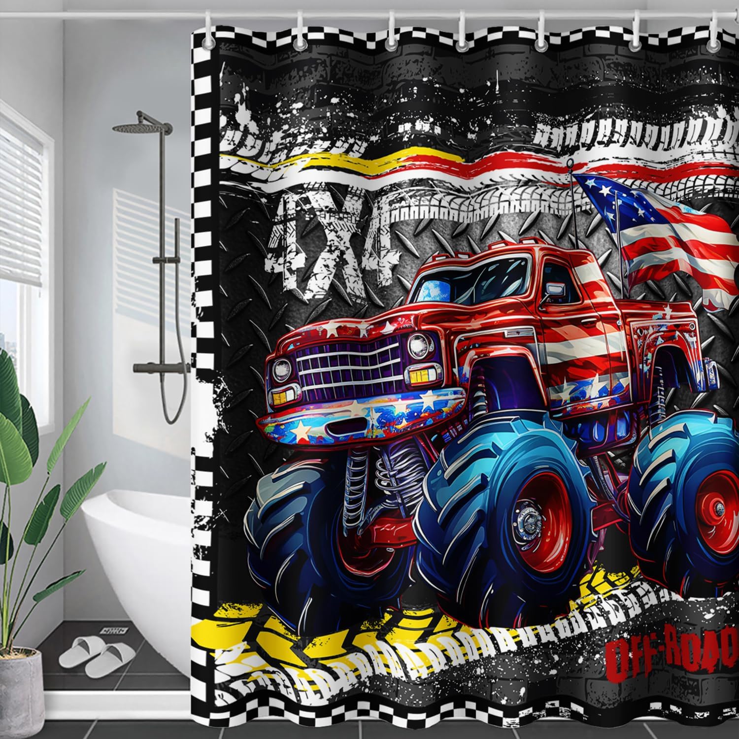 AILONEN Kids Cartoon Monster Truck Shower Curtain,American Flag Truck Extreme Sports Bath Curtain,Waterproof, 72" W x 72" H