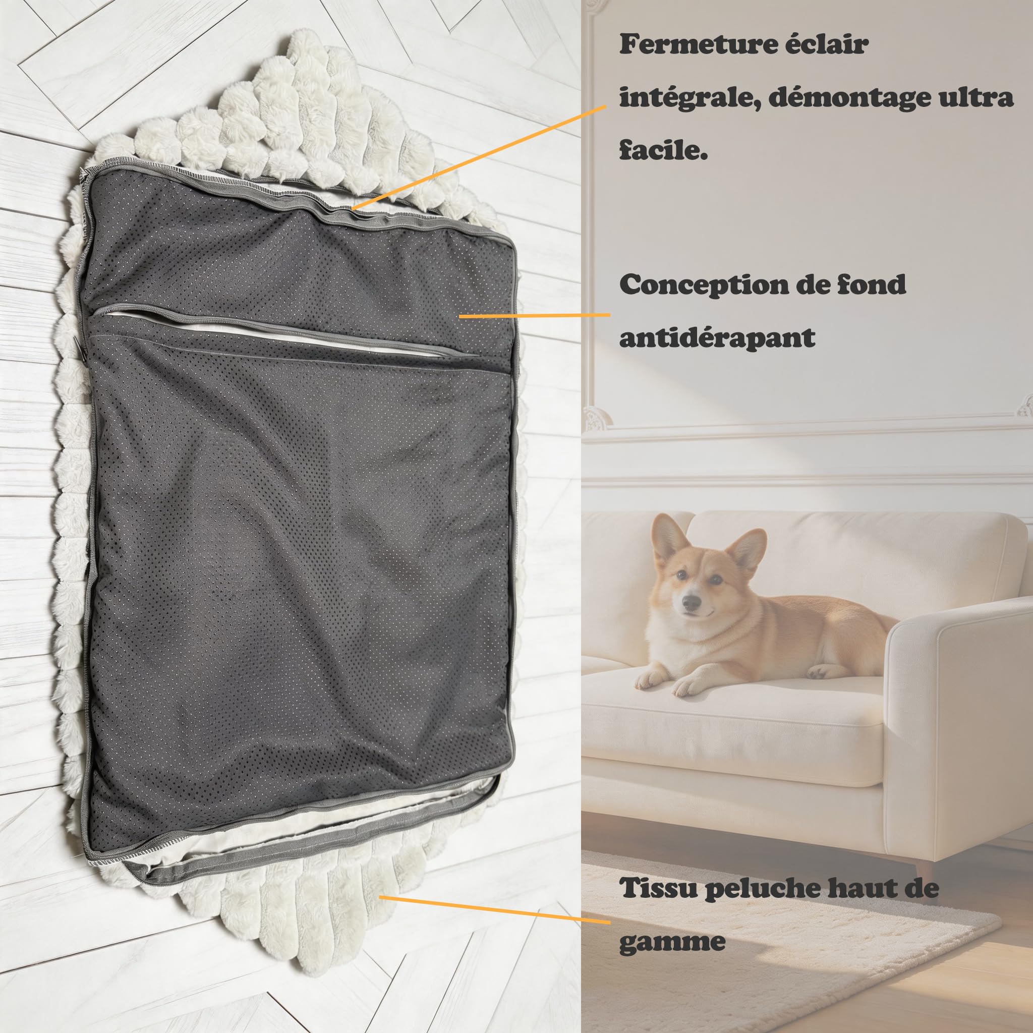 M Panier Chien Rectangulaire Texture Ondulée Crème – Lit pour Chien Moelleux Pelucheux Rempli de Coton, Bords Surélevés, Housse Déhoussable Lavable, Antidérapant, pour Petits et Moyens Chiens