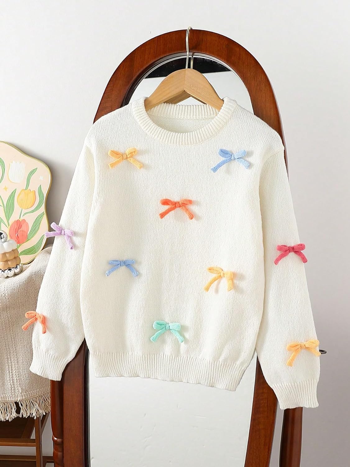 WDIRARA Girl's Bow Crew Neck Sweater Long Sleeve Drop Shoulder Knitwear Cozy Pullover Top - Image 3
