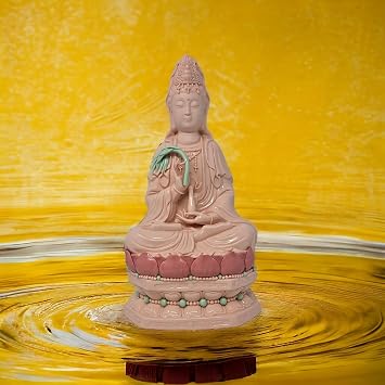 14.5" Fine Porcelain Quan Yin Buddha Sitting on a Lotus Statue, Guanyin, Kwan Yin, Kuanyin, Goddess of Mercy, Blessing of The Home, Dehua Pink